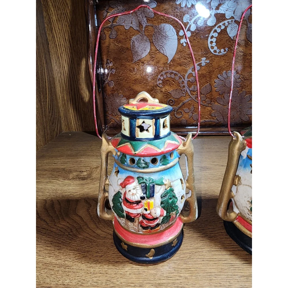 Christmas Ceramic Lantern Tealight Candle Holder Set Santa Claus & Mouse Holiday